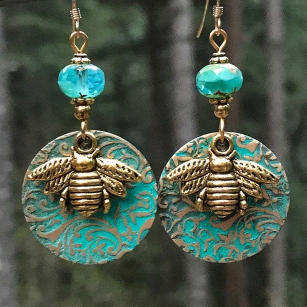 Patina Verdigris Bumble Bee Earrings